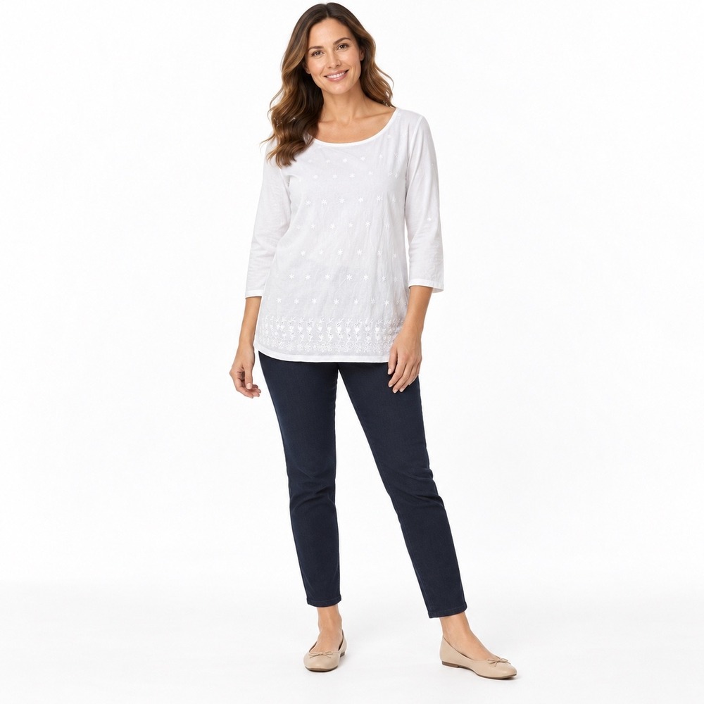 Talbots 1X White Cotton Embroidered Floral 3/4 Sleeve Boho Tunic Top Lightweight